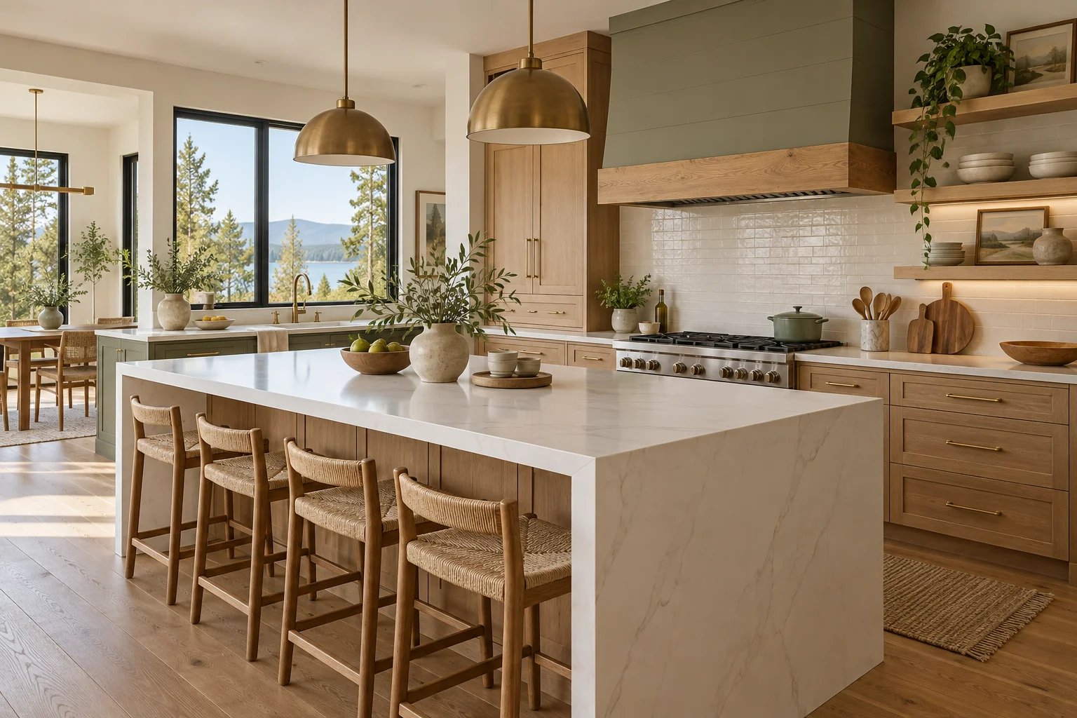 Illustrative remodeled kitchen with oak cabinetry