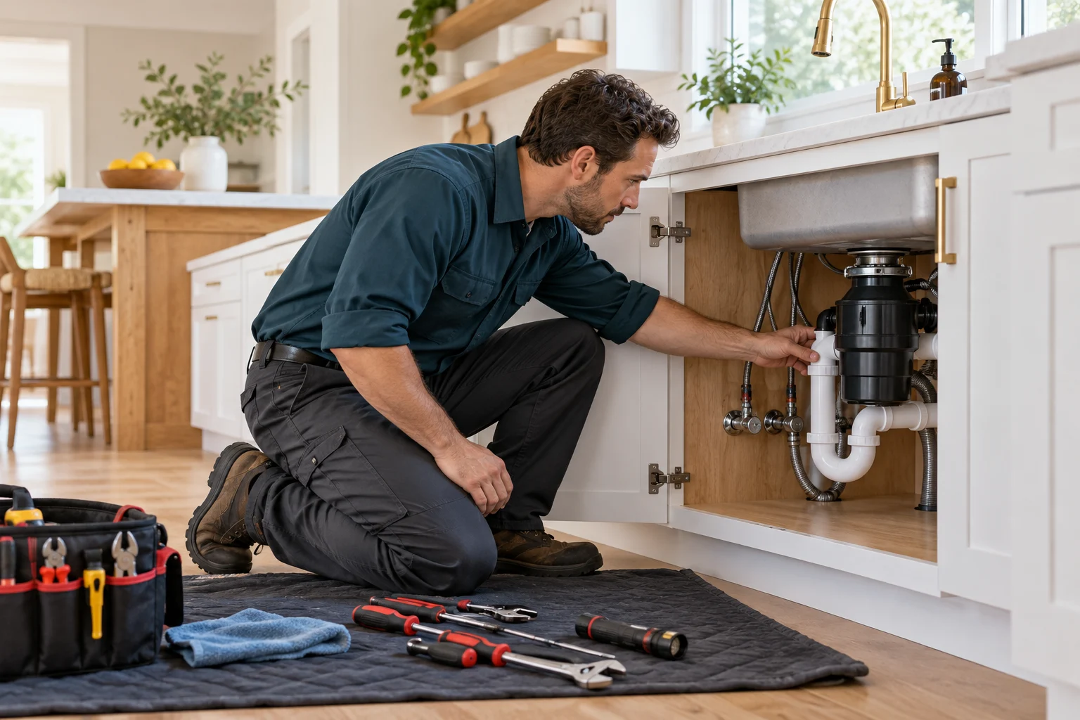 Technician inspecting residential plumbing